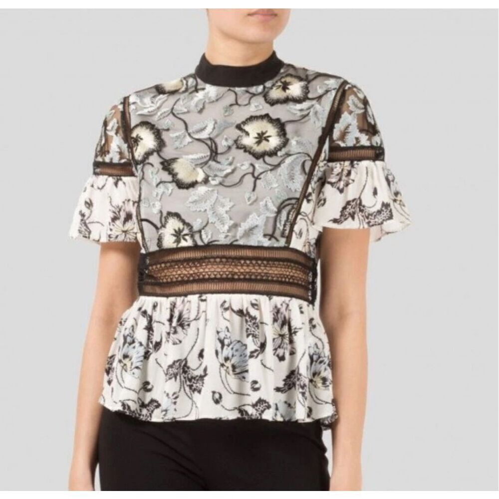 Self-Portrait Lucia Floral Embroidery Ruffle Lace Trim Cocktail Party Blouse 4